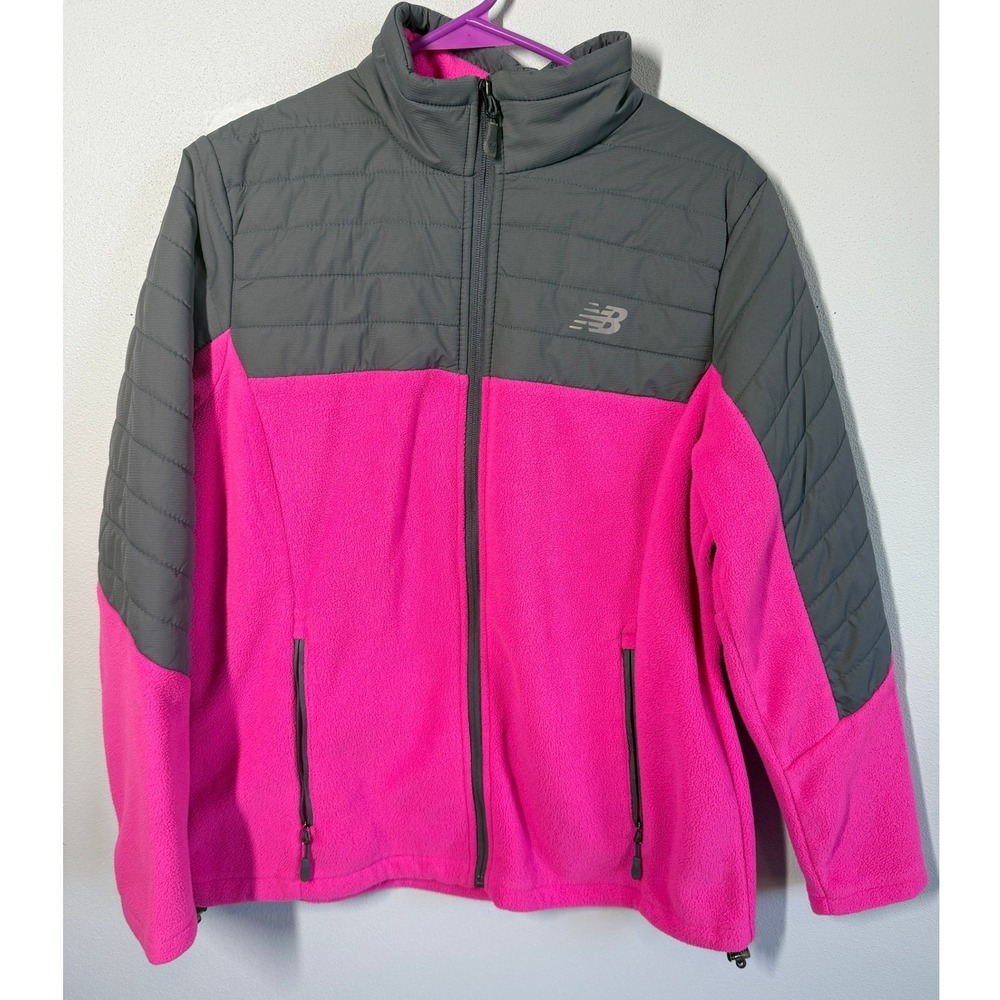 New Balance Hybrid Fleece Quilted Full Zip Jacket Pink Grey Athletic Womens L